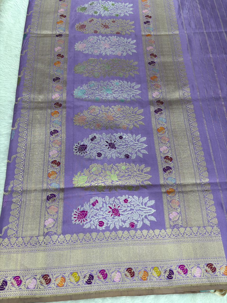 Graceful Lavender Pure Katan Silk Saree | Handloom Kadhua Meenakari Leheriya Floral Vine & Silver Zari Pallu