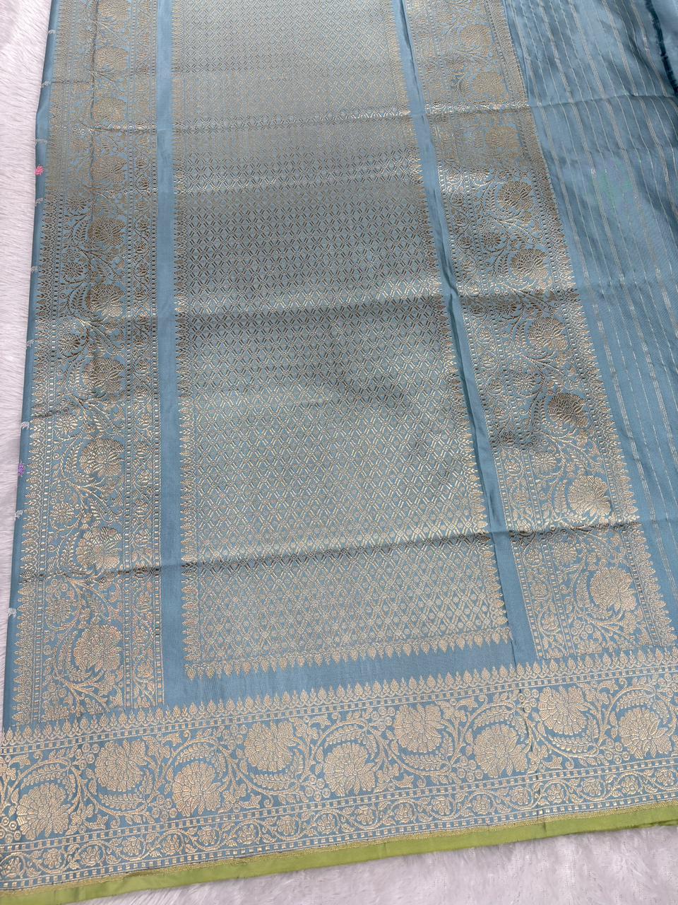 Powdered Blue Pure Katan Silk Banarasi Saree | Handloom Kadhua Meenakari Kalash (Vase) Jaal & Olive Contrast