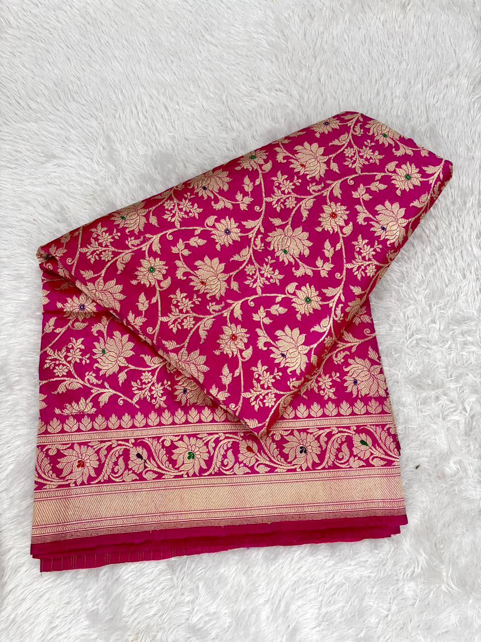 Exquisite Handloom Kadhua Jungla Banarasi Silk Saree in Rani Pink with All-Over Floral Jaal and Multicolored Meenakari Accents