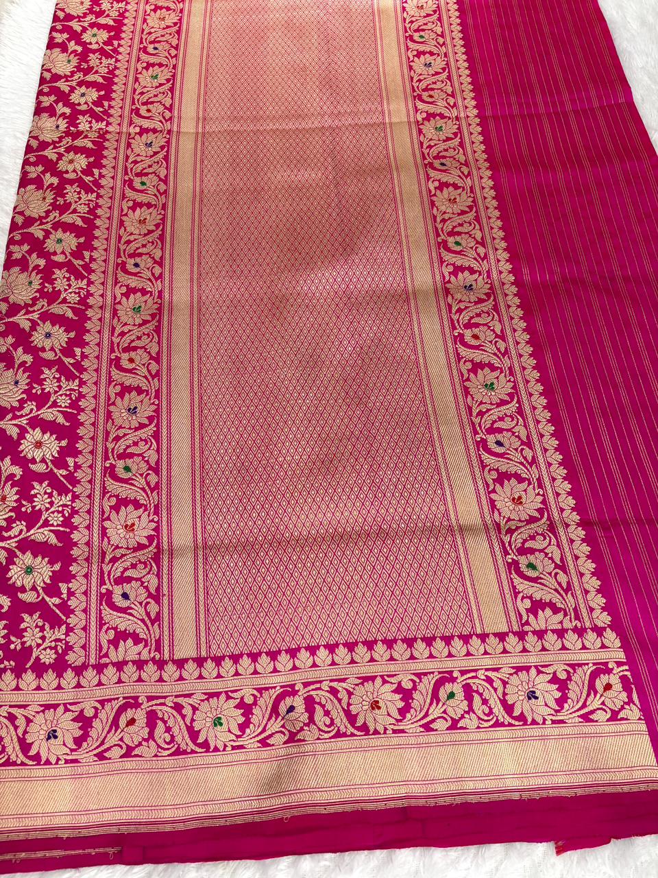 Exquisite Handloom Kadhua Jungla Banarasi Silk Saree in Rani Pink with All-Over Floral Jaal and Multicolored Meenakari Accents