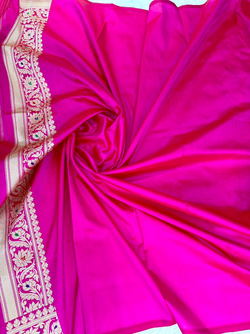 Exquisite Handloom Kadhua Jungla Banarasi Silk Saree in Rani Pink with All-Over Floral Jaal and Multicolored Meenakari Accents