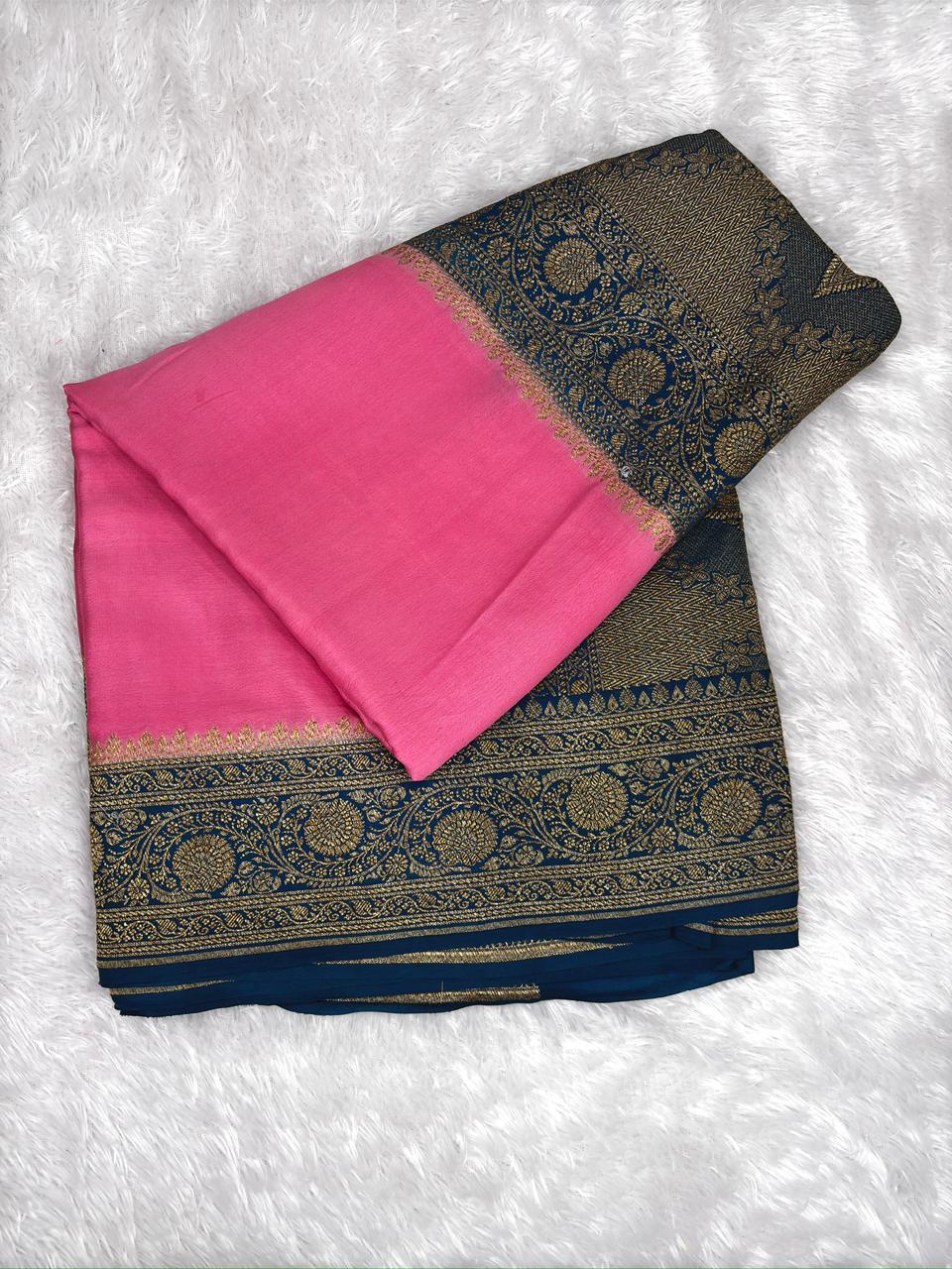 Peacock Blue & Rose Pink Handloom Banarasi Crepe Georgette Saree with Antique Zari Kadhwa Floral Jaal