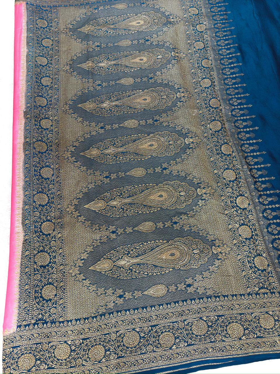 Peacock Blue & Rose Pink Handloom Banarasi Crepe Georgette Saree with Antique Zari Kadhwa Floral Jaal