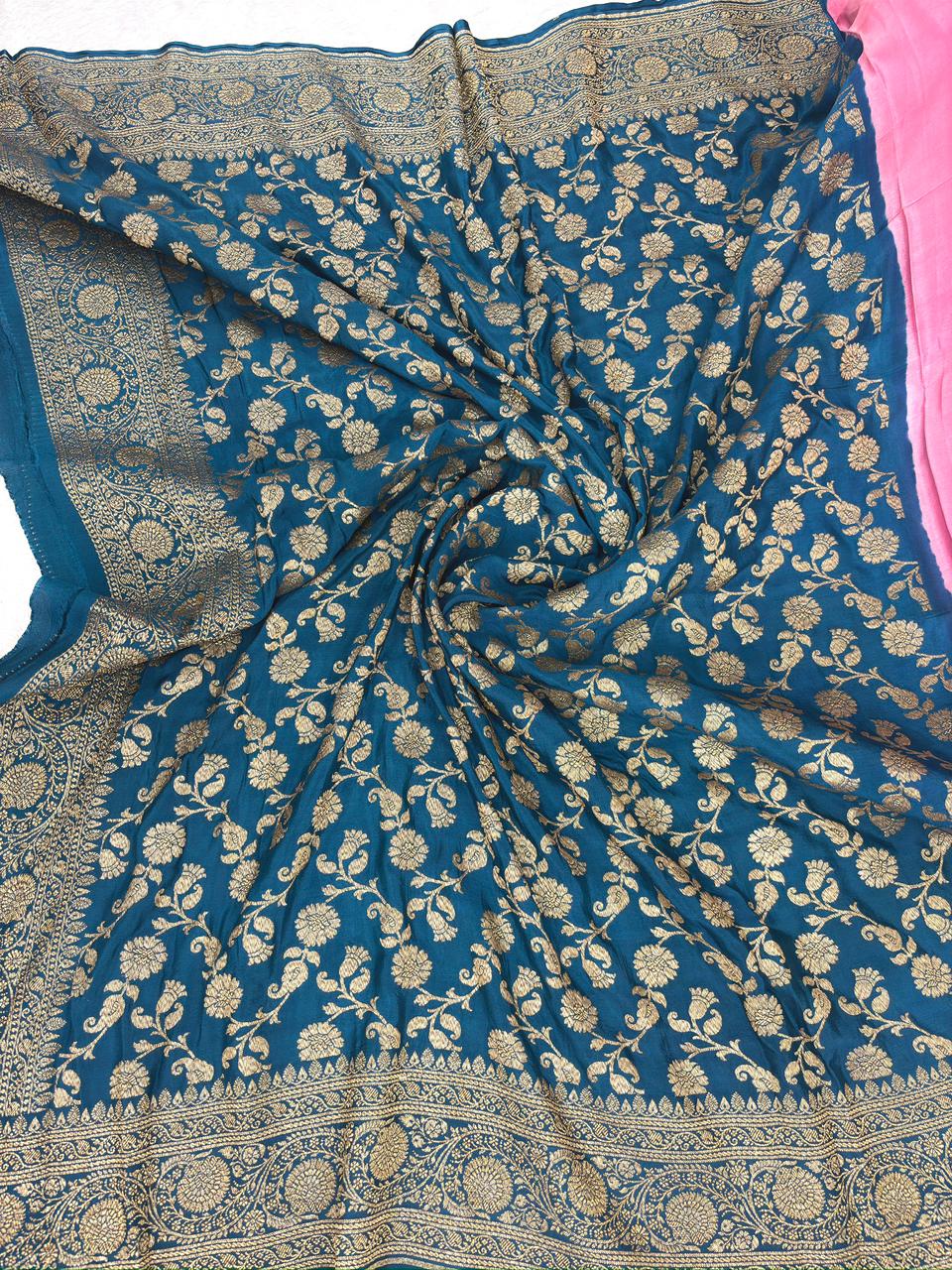 Peacock Blue & Rose Pink Handloom Banarasi Crepe Georgette Saree with Antique Zari Kadhwa Floral Jaal
