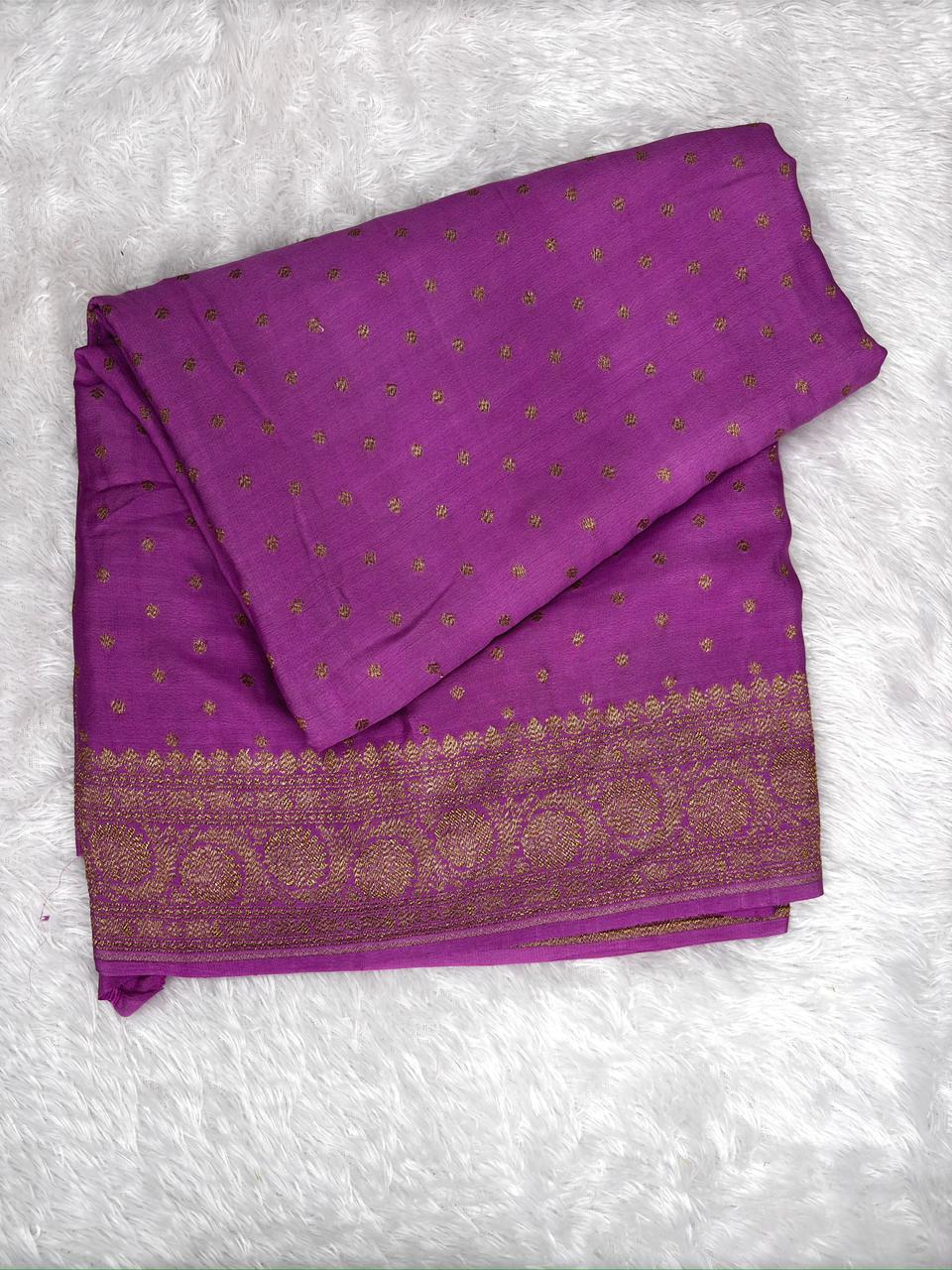 Handloom Pure Crepe Georgette Saree in Orchid Magenta with Antique Gold Zari Buti & Banarasi Border
