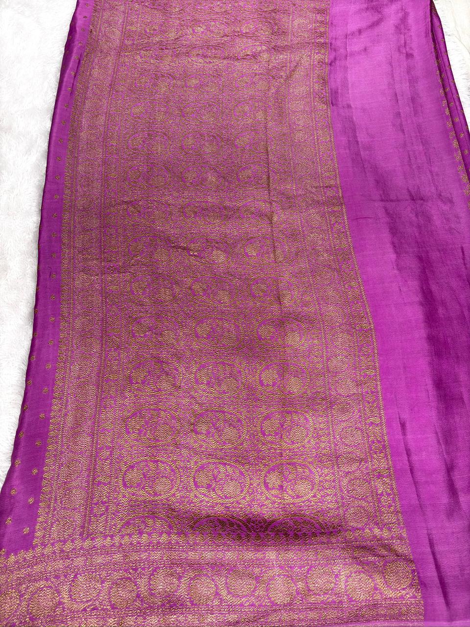 Handloom Pure Crepe Georgette Saree in Orchid Magenta with Antique Gold Zari Buti & Banarasi Border