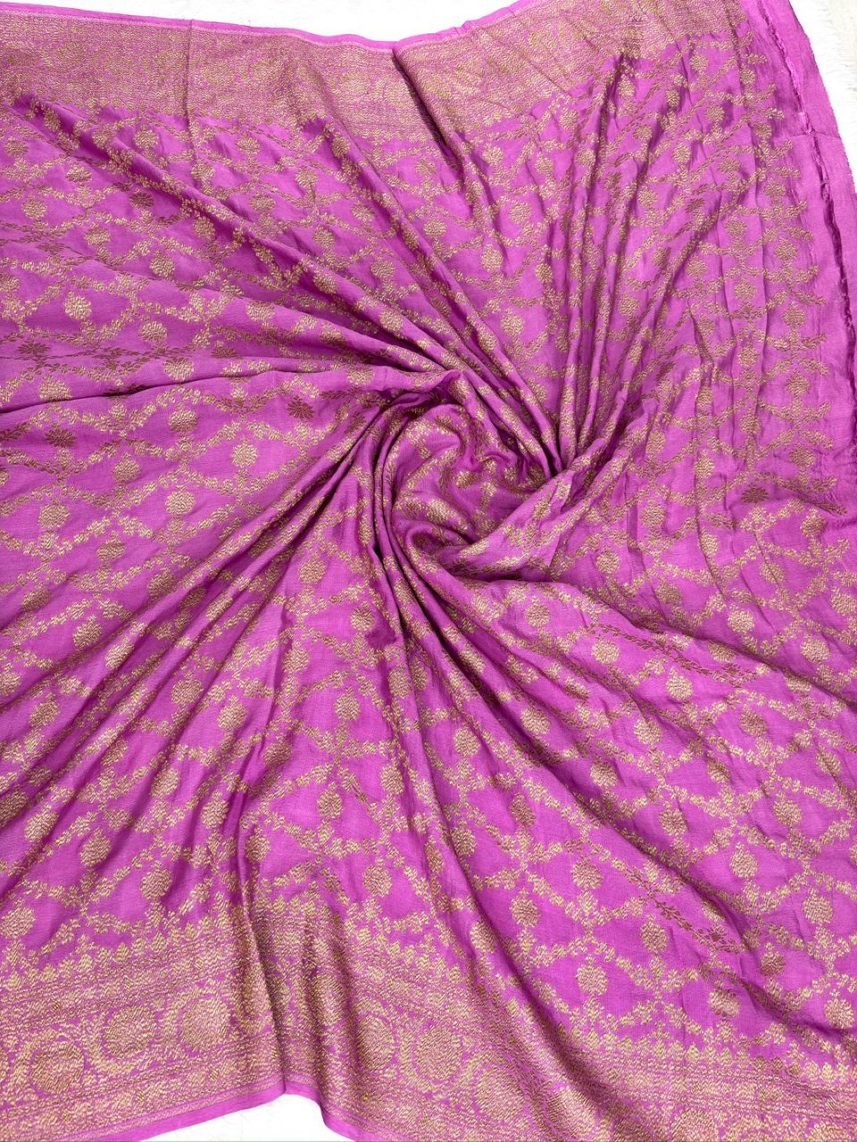 Handloom Pure Crepe Georgette Saree in Orchid Magenta with Antique Gold Zari Buti & Banarasi Border
