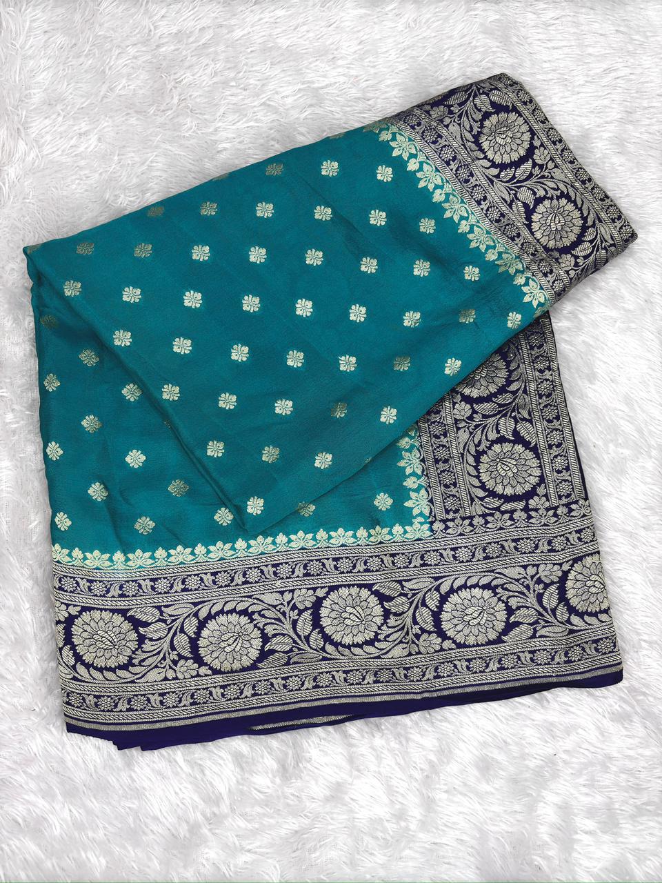 Pure Crepe Georgette Banarasi Saree in Teal Blue & Royal Navy with Silver Zari Jaal Work