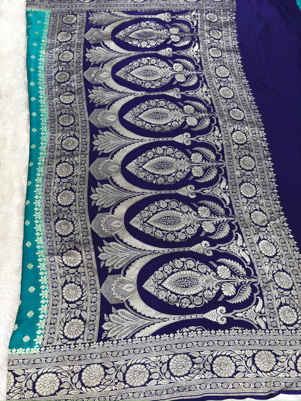 Pure Crepe Georgette Banarasi Saree in Teal Blue & Royal Navy with Silver Zari Jaal Work