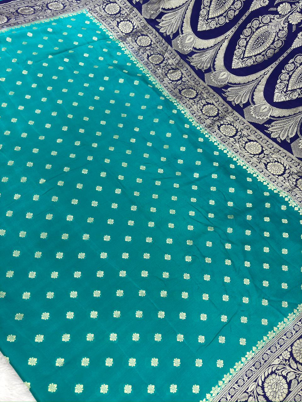 Pure Crepe Georgette Banarasi Saree in Teal Blue & Royal Navy with Silver Zari Jaal Work