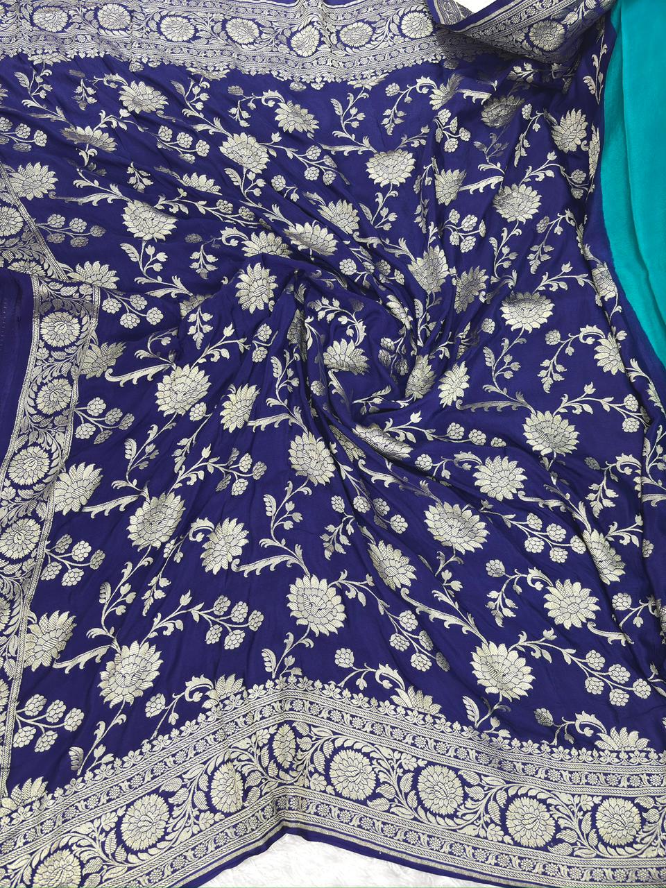 Pure Crepe Georgette Banarasi Saree in Teal Blue & Royal Navy with Silver Zari Jaal Work