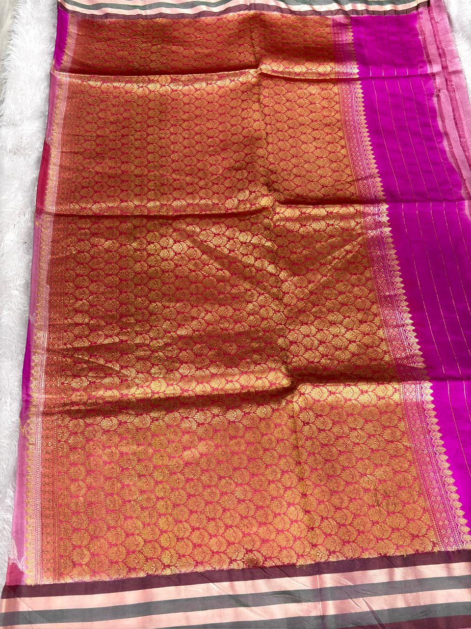 Pure Katan Silk Lightweight Kadhua Rungkaat Saree with Rich Antique Gold Zari Pallu