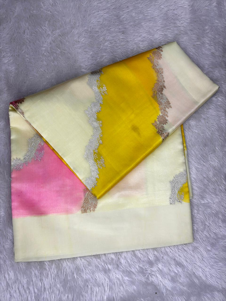 Pure Katan Silk Lightweight Kadhua Rungkaat Saree with Soft Pastel Stripes & Zari Pallu