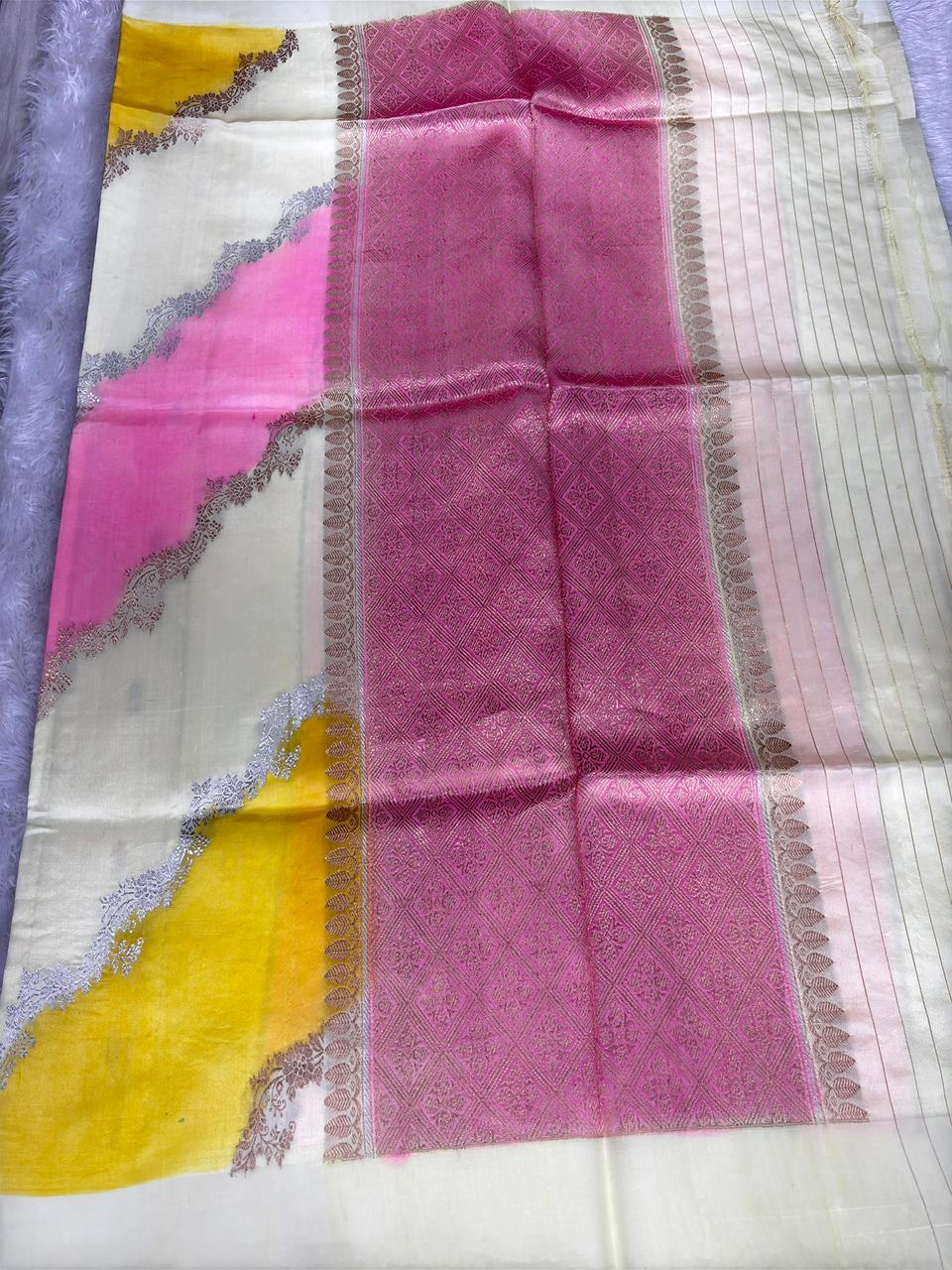 Pure Katan Silk Lightweight Kadhua Rungkaat Saree with Soft Pastel Stripes & Zari Pallu