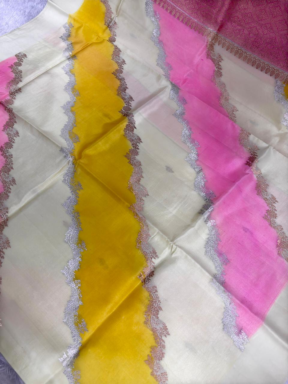 Pure Katan Silk Lightweight Kadhua Rungkaat Saree with Soft Pastel Stripes & Zari Pallu