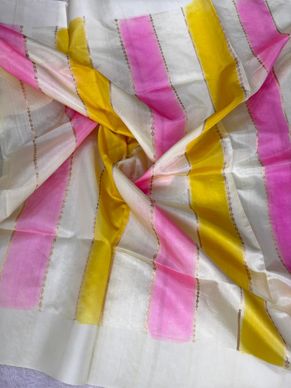 Pure Katan Silk Lightweight Kadhua Rungkaat Saree with Soft Pastel Stripes & Zari Pallu