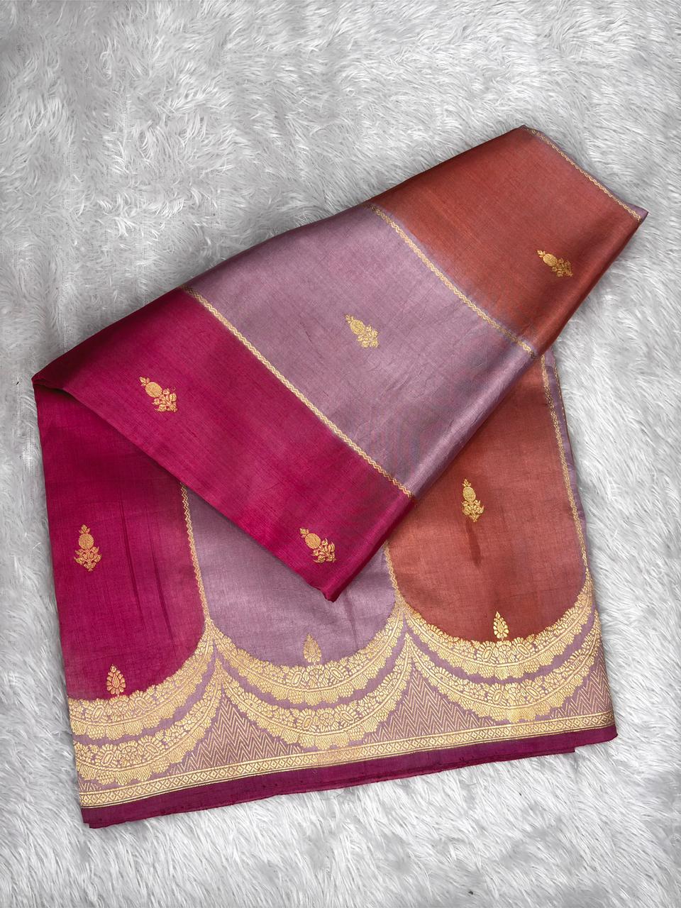 Pure Katan Silk Lightweight Kadhua Rungkaat Saree with Multitone Stripes & Antique Gold Zari Pallu