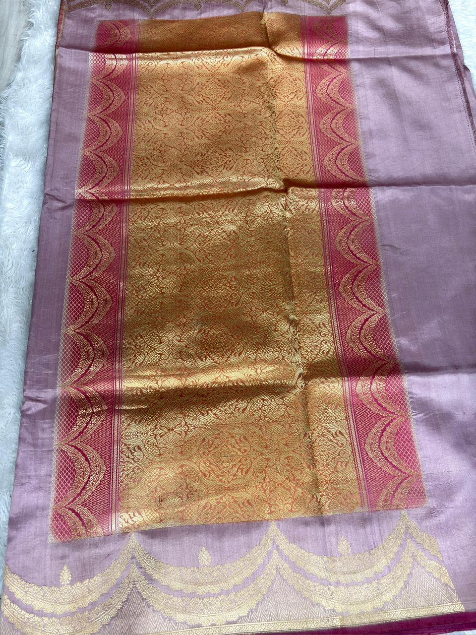 Pure Katan Silk Lightweight Kadhua Rungkaat Saree with Multitone Stripes & Antique Gold Zari Pallu