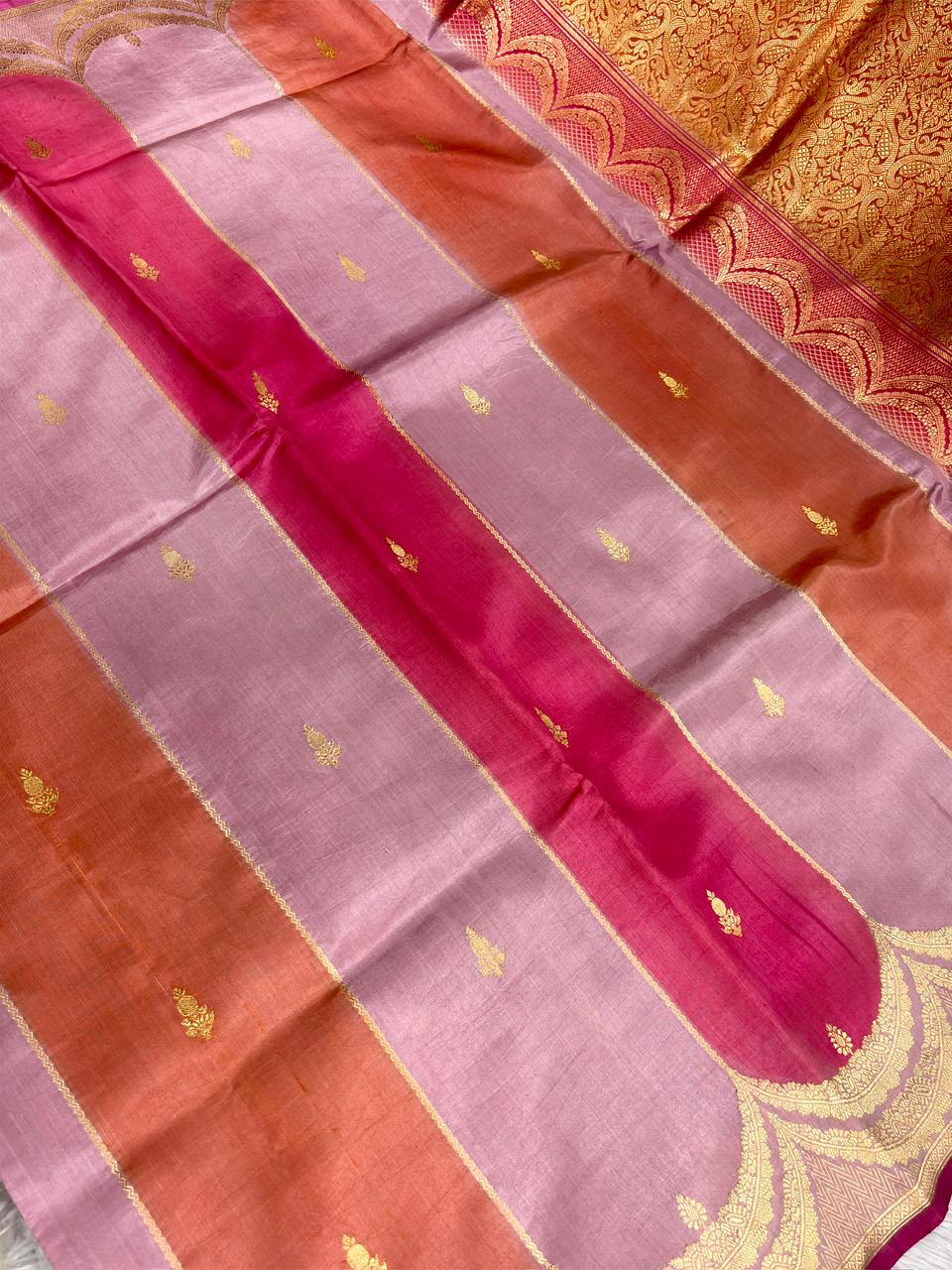 Pure Katan Silk Lightweight Kadhua Rungkaat Saree with Multitone Stripes & Antique Gold Zari Pallu