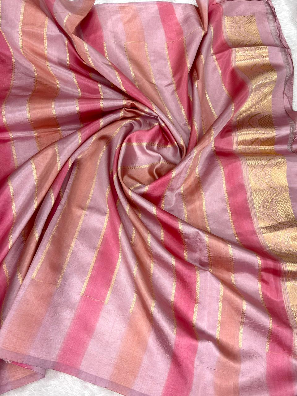 Pure Katan Silk Lightweight Kadhua Rungkaat Saree with Multitone Stripes & Antique Gold Zari Pallu