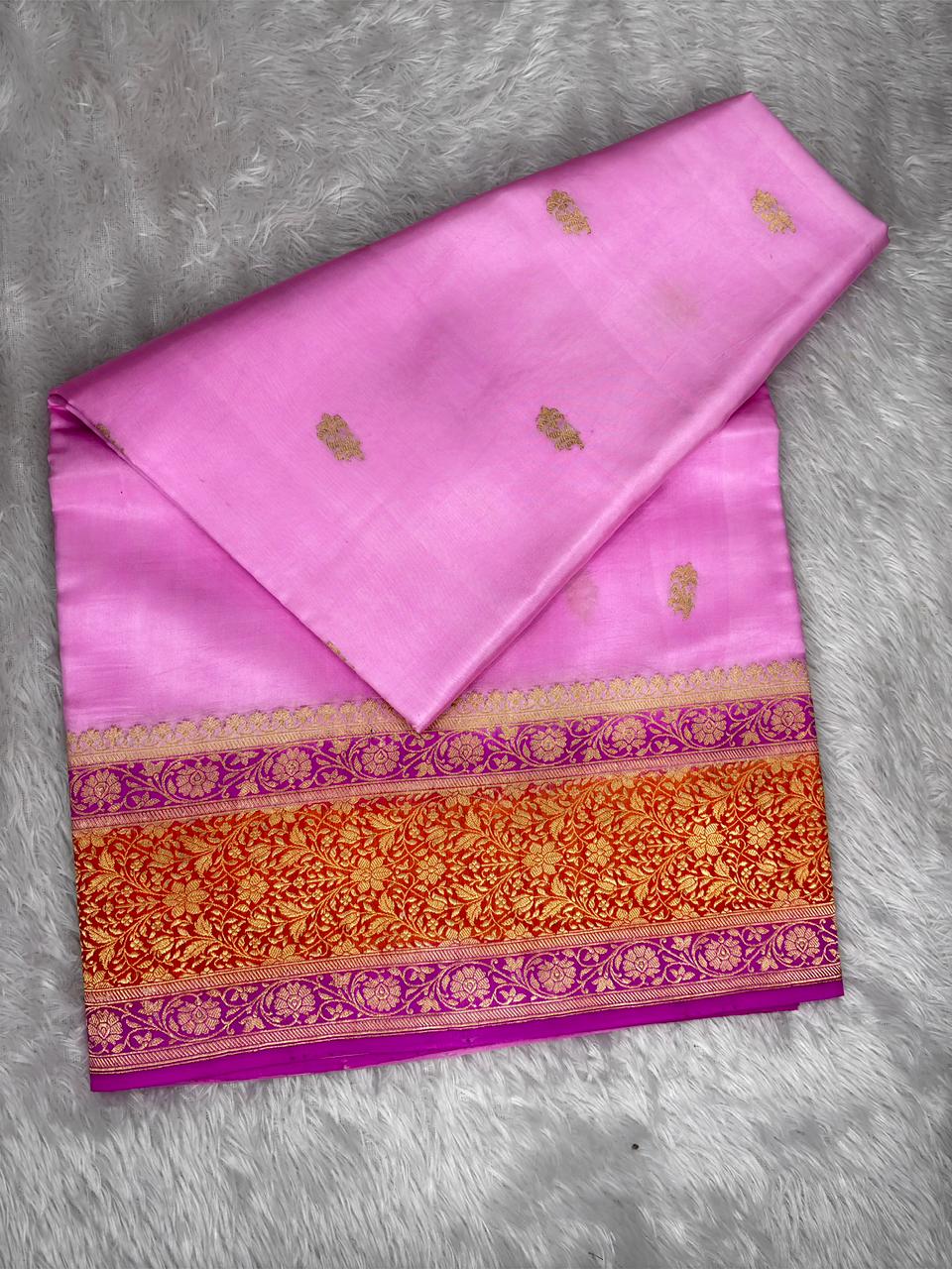 Pure Katan Silk Lightweight Kadhua Rungkaat Saree with Baby Pink Body & Antique Gold Zari Pallu