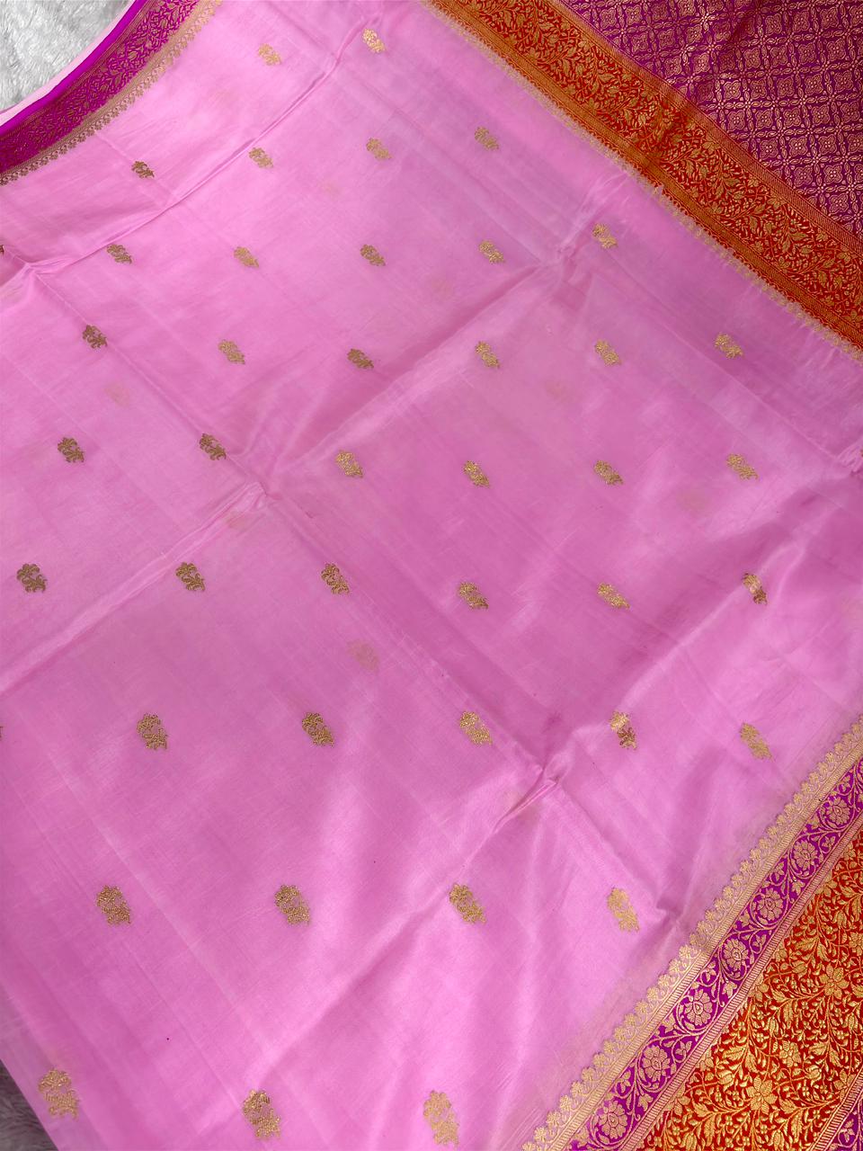 Pure Katan Silk Lightweight Kadhua Rungkaat Saree with Baby Pink Body & Antique Gold Zari Pallu