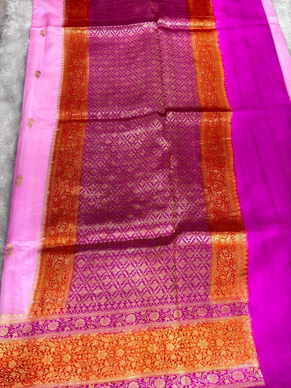 Pure Katan Silk Lightweight Kadhua Rungkaat Saree with Baby Pink Body & Antique Gold Zari Pallu