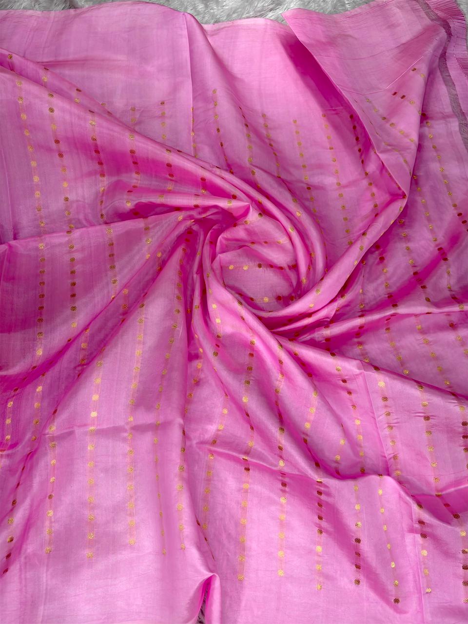 Pure Katan Silk Lightweight Kadhua Rungkaat Saree with Baby Pink Body & Antique Gold Zari Pallu