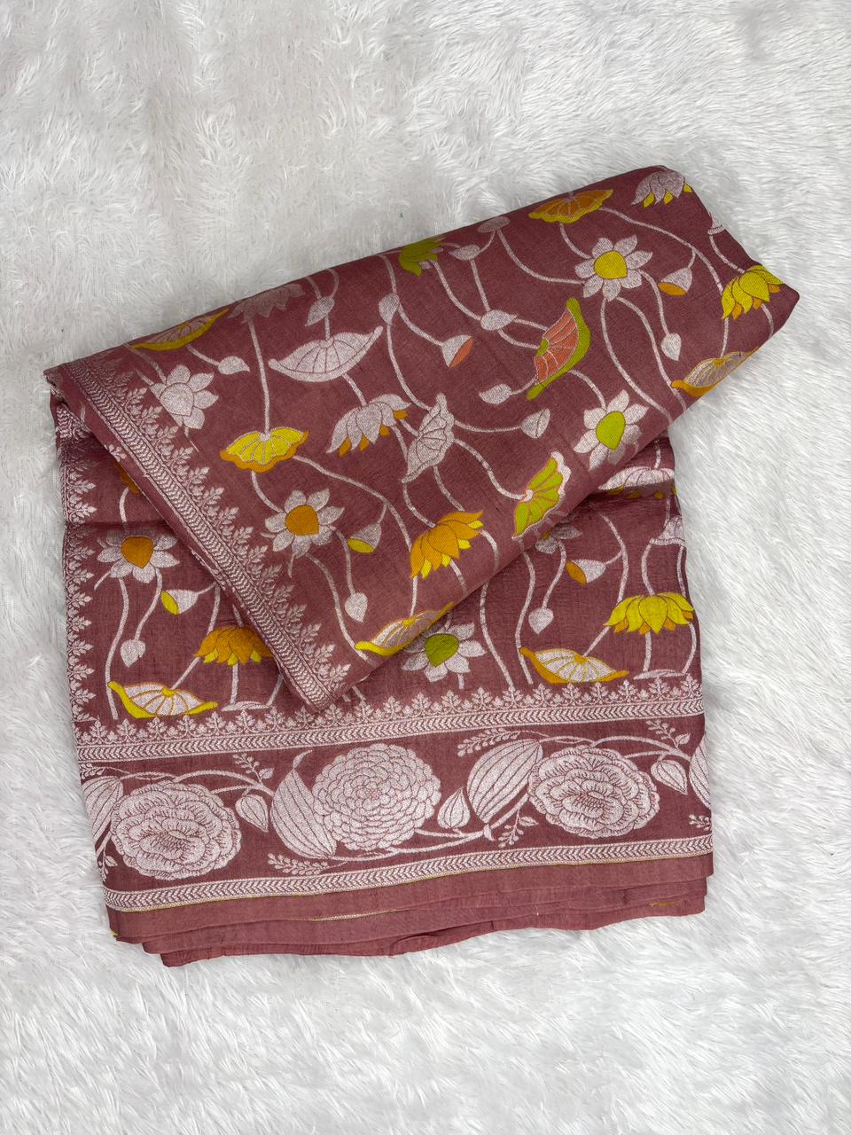 Dusty Mauve Tussar Georgette Banarasi Saree with Silver Zari Floral Jaal