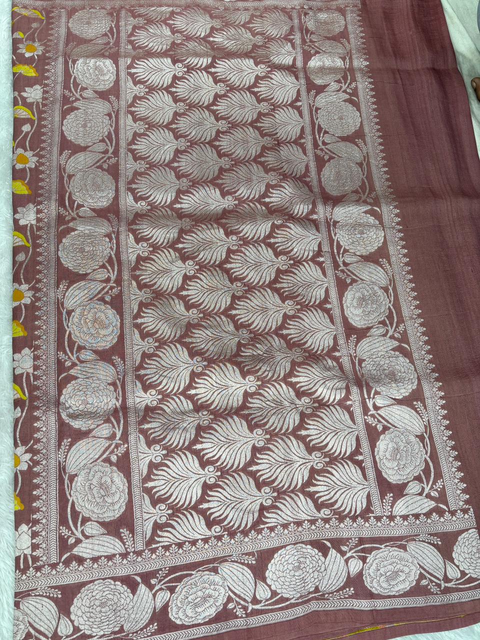 Dusty Mauve Tussar Georgette Banarasi Saree with Silver Zari Floral Jaal