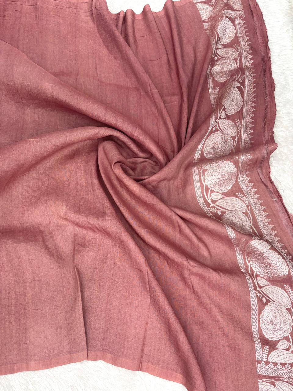 Dusty Mauve Tussar Georgette Banarasi Saree with Silver Zari Floral Jaal