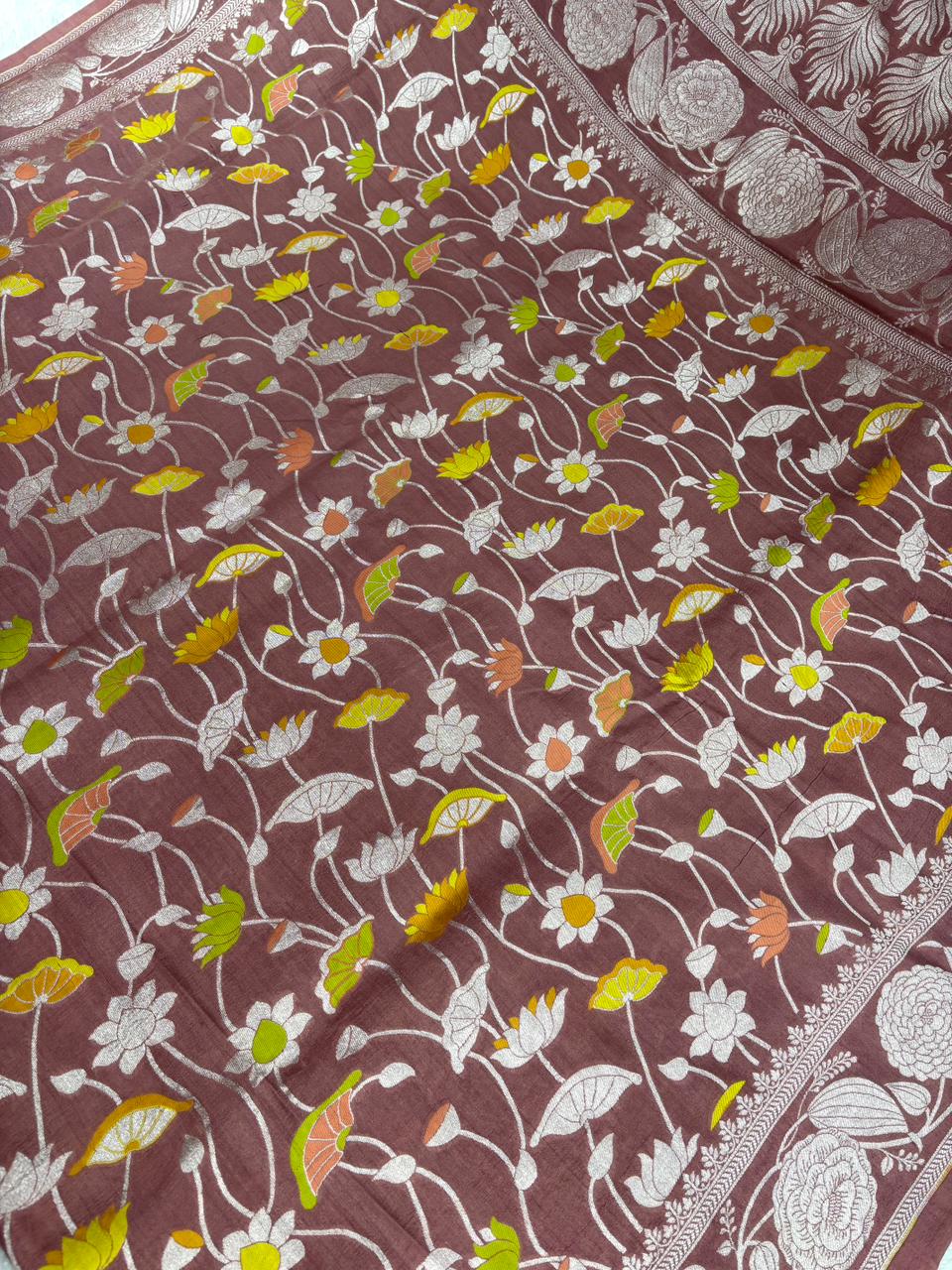 Dusty Mauve Tussar Georgette Banarasi Saree with Silver Zari Floral Jaal