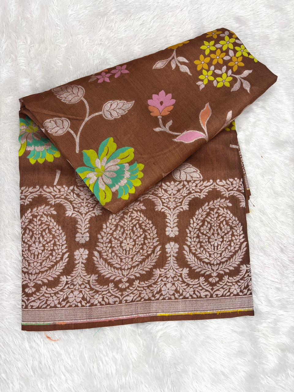 Marsala Red Tussar Georgette Banarasi Saree with Silver Zari & Meenakari Jaal