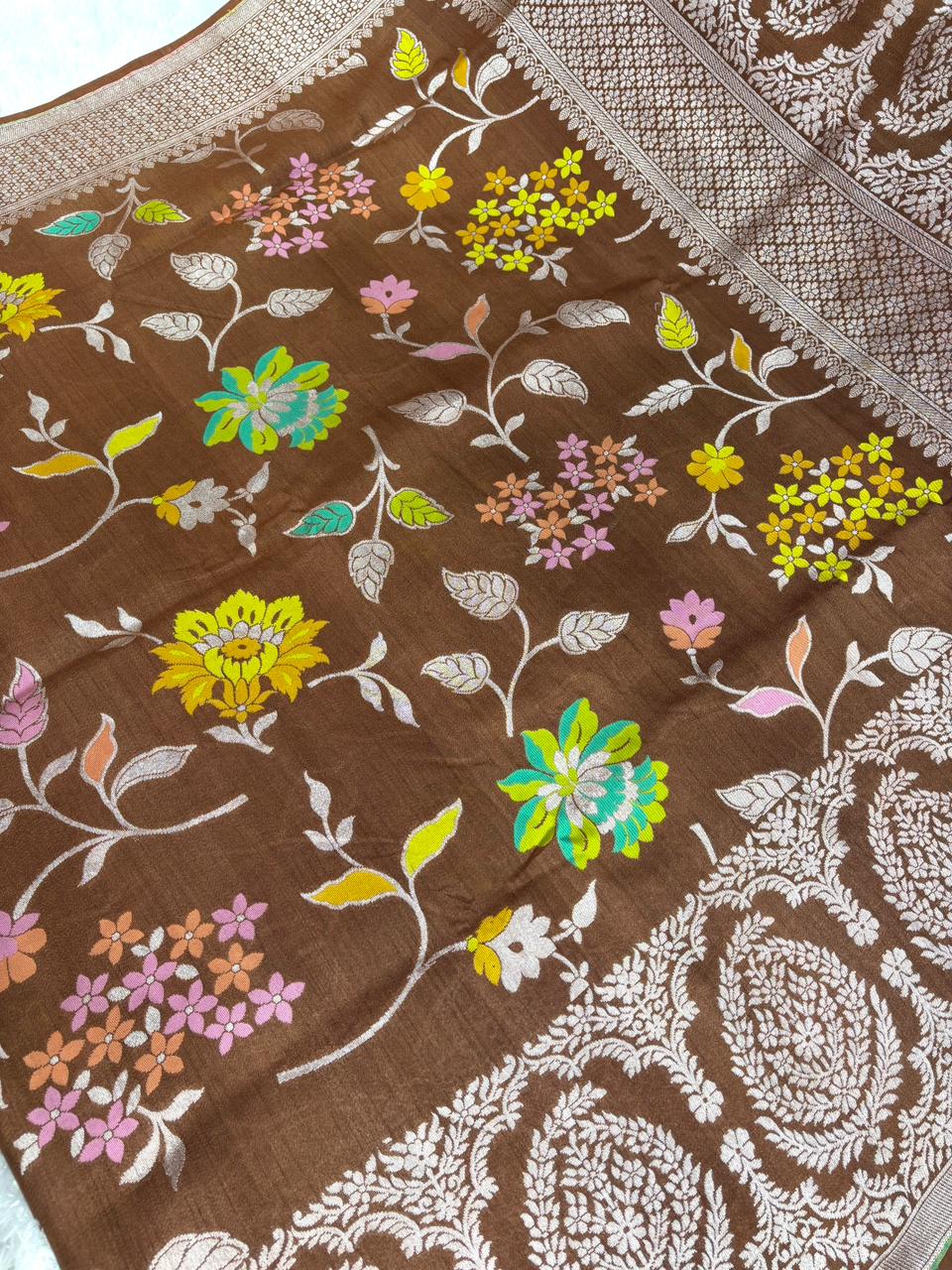 Marsala Red Tussar Georgette Banarasi Saree with Silver Zari & Meenakari Jaal