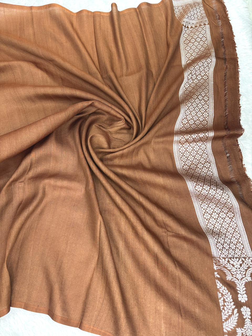 Marsala Red Tussar Georgette Banarasi Saree with Silver Zari & Meenakari Jaal