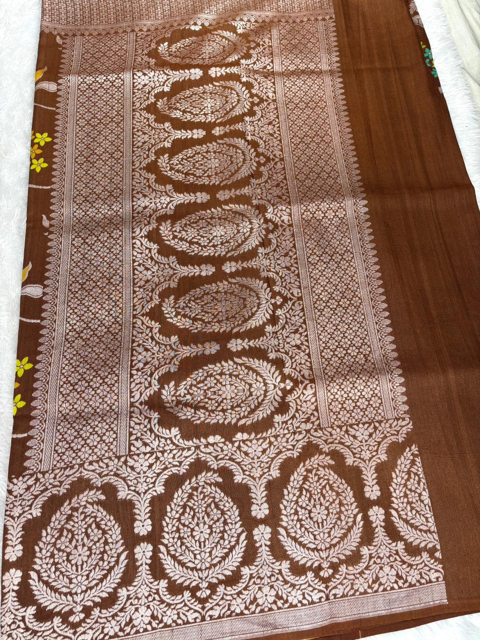 Marsala Red Tussar Georgette Banarasi Saree with Silver Zari & Meenakari Jaal