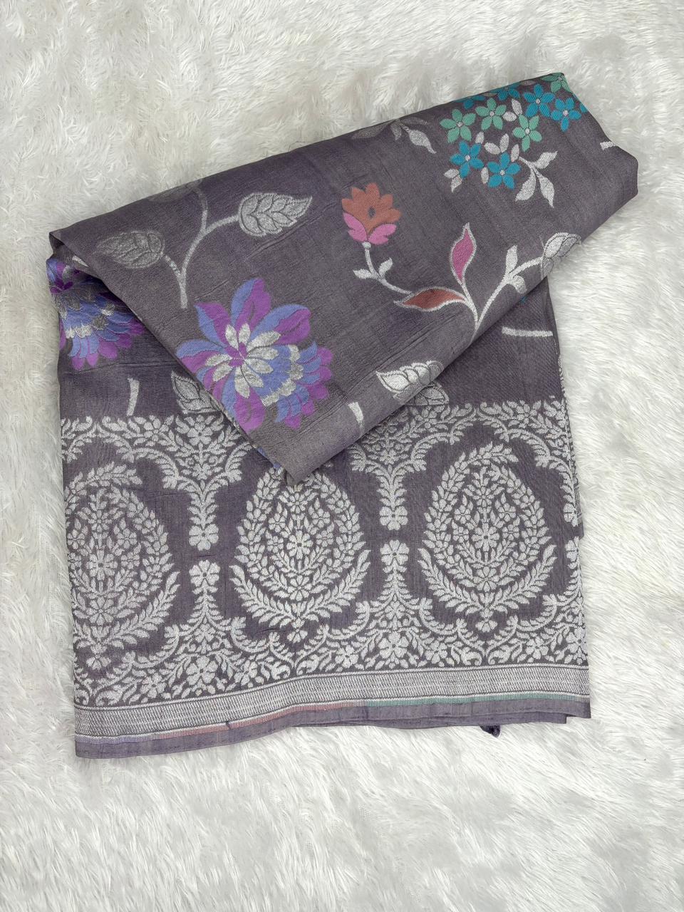 Slate Grey Tussar Georgette Saree with Purple & Turquoise Meenakari