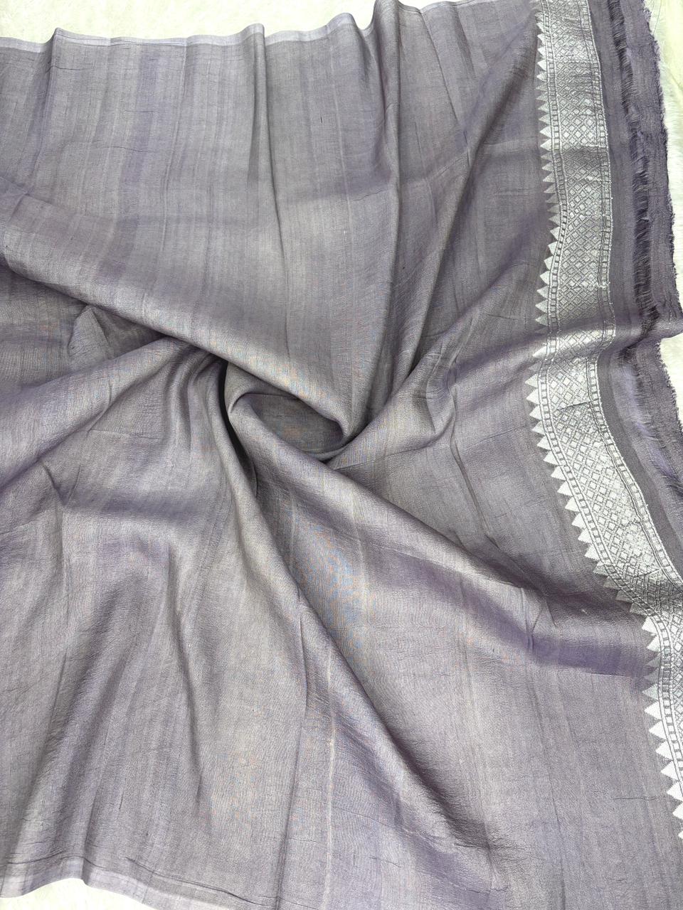 Slate Grey Tussar Georgette Saree with Purple & Turquoise Meenakari