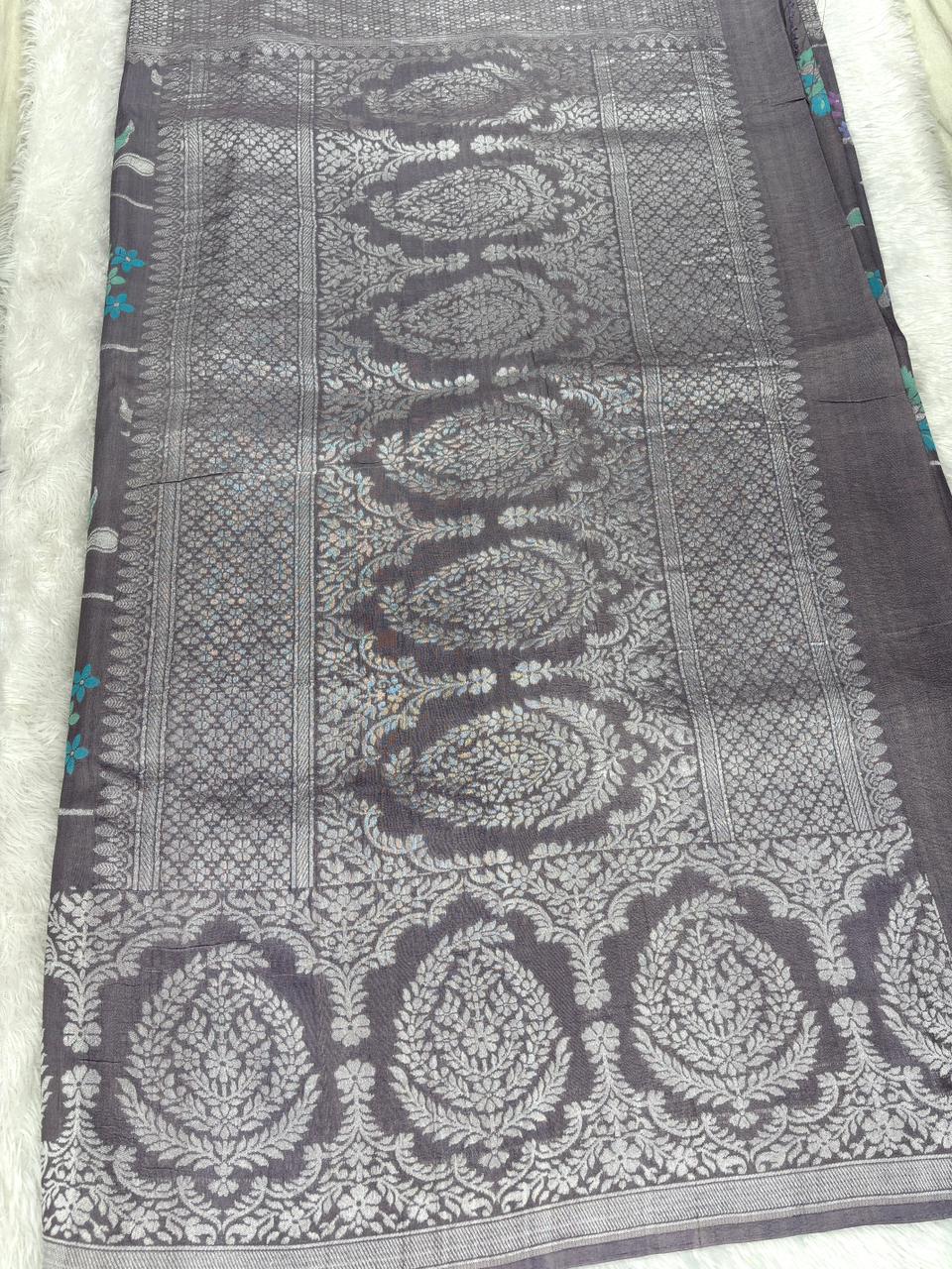 Slate Grey Tussar Georgette Saree with Purple & Turquoise Meenakari