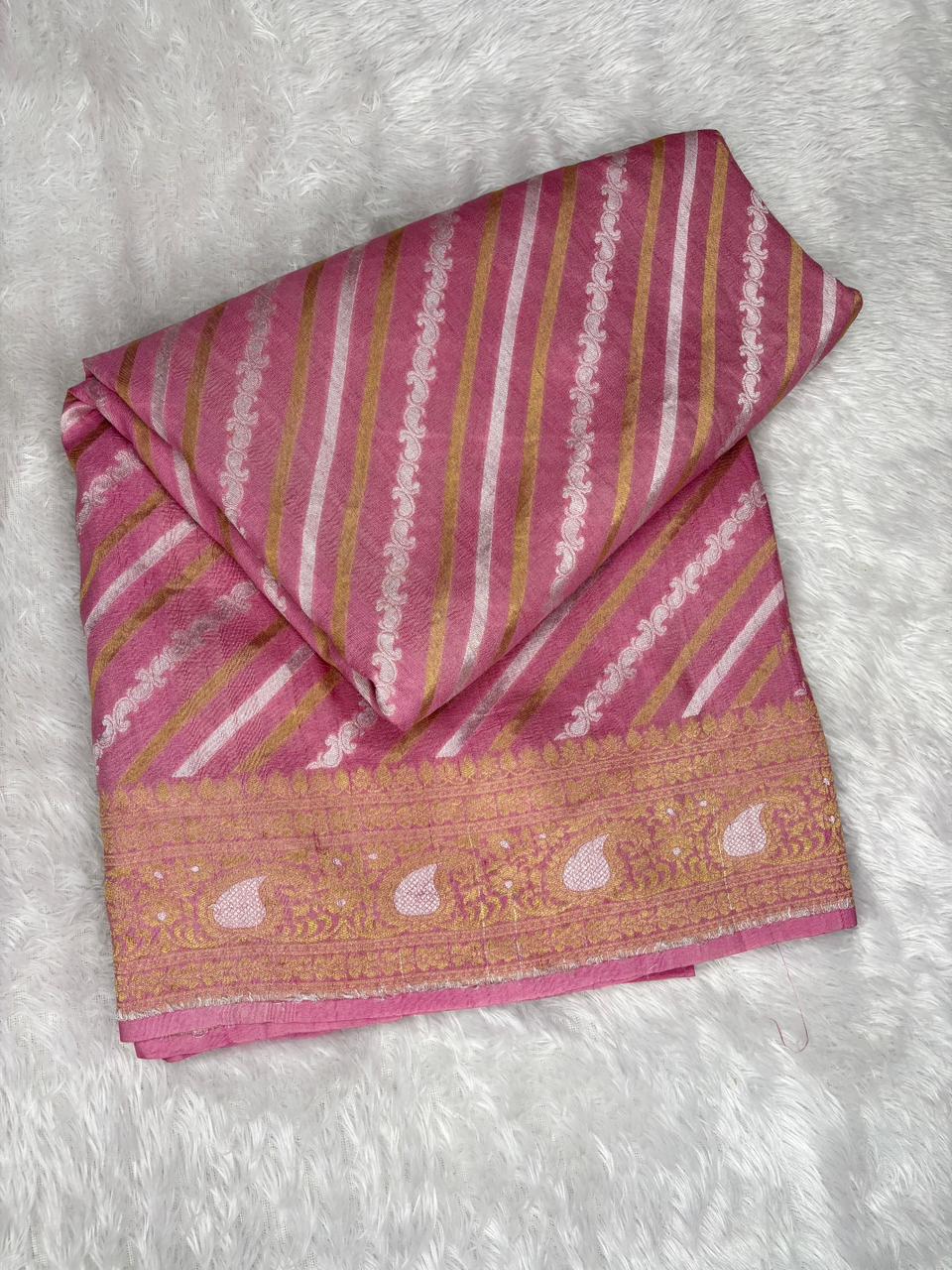 Candy Pink Tussar Georgette Saree with Zari Leheriya Stripes