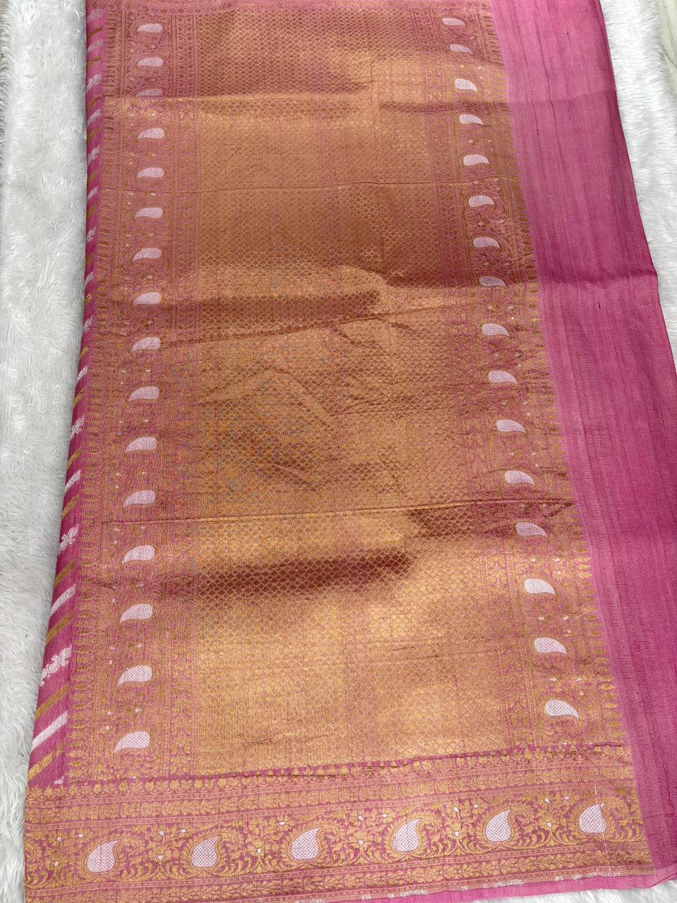 Candy Pink Tussar Georgette Saree with Zari Leheriya Stripes