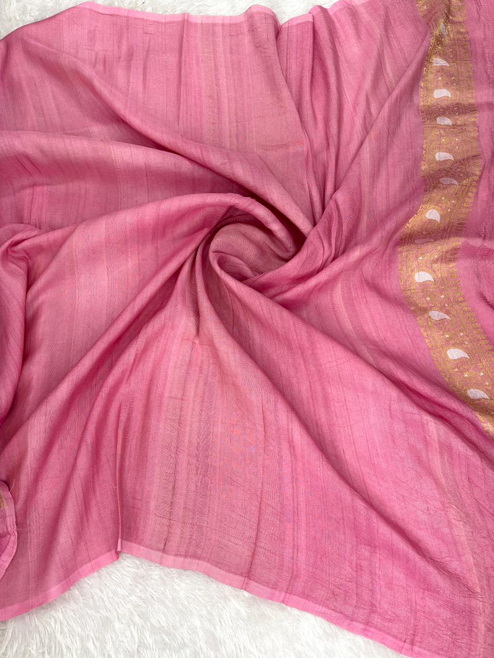 Candy Pink Tussar Georgette Saree with Zari Leheriya Stripes