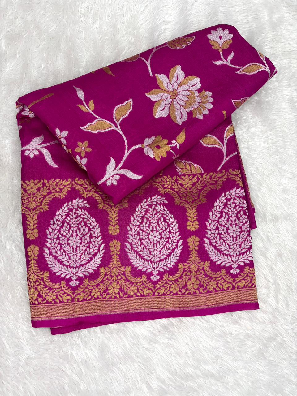 Fuchsia Pink Tussar Georgette Banarasi Saree with Sona Rupa Floral Jaal