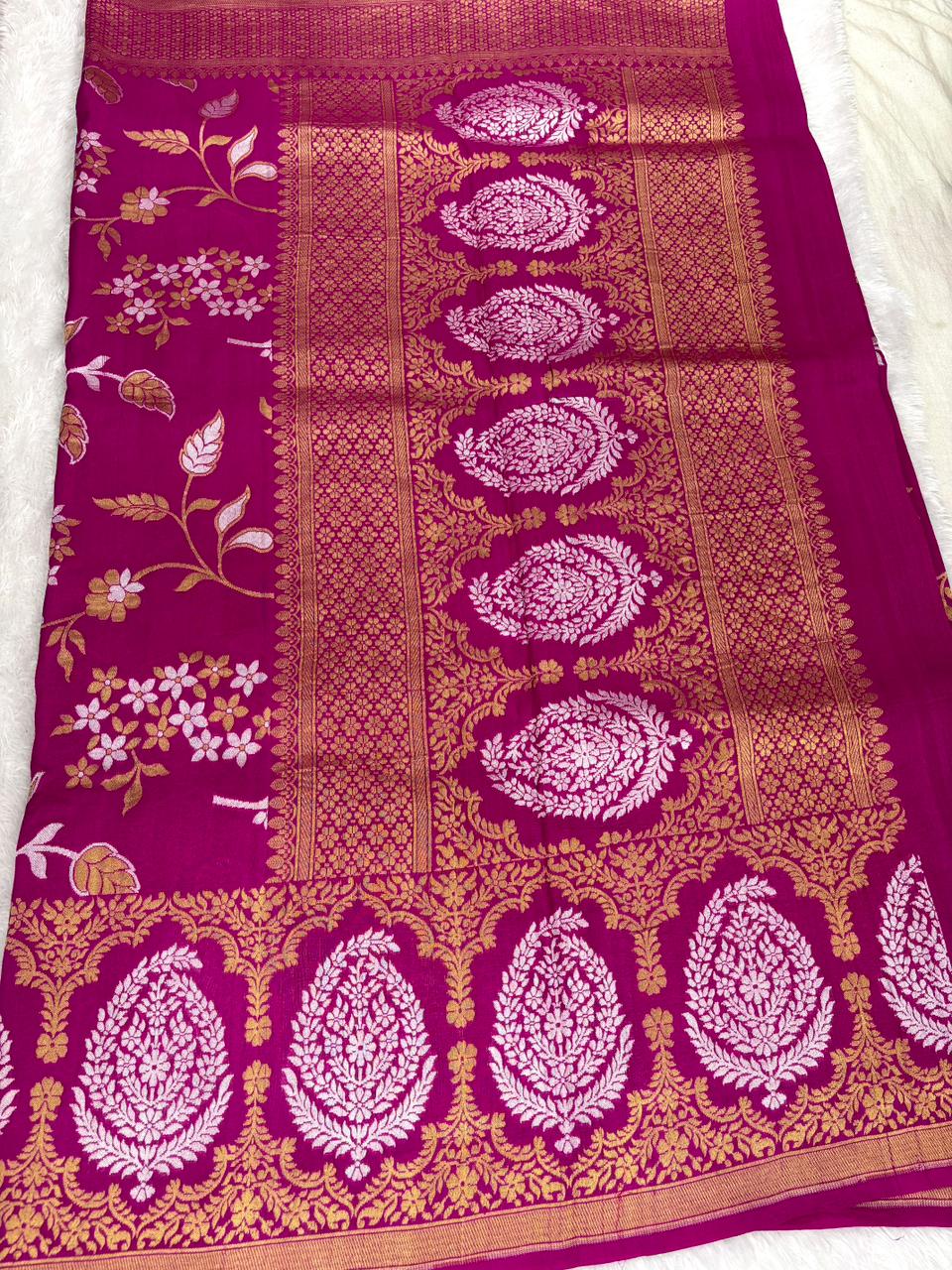 Fuchsia Pink Tussar Georgette Banarasi Saree with Sona Rupa Floral Jaal