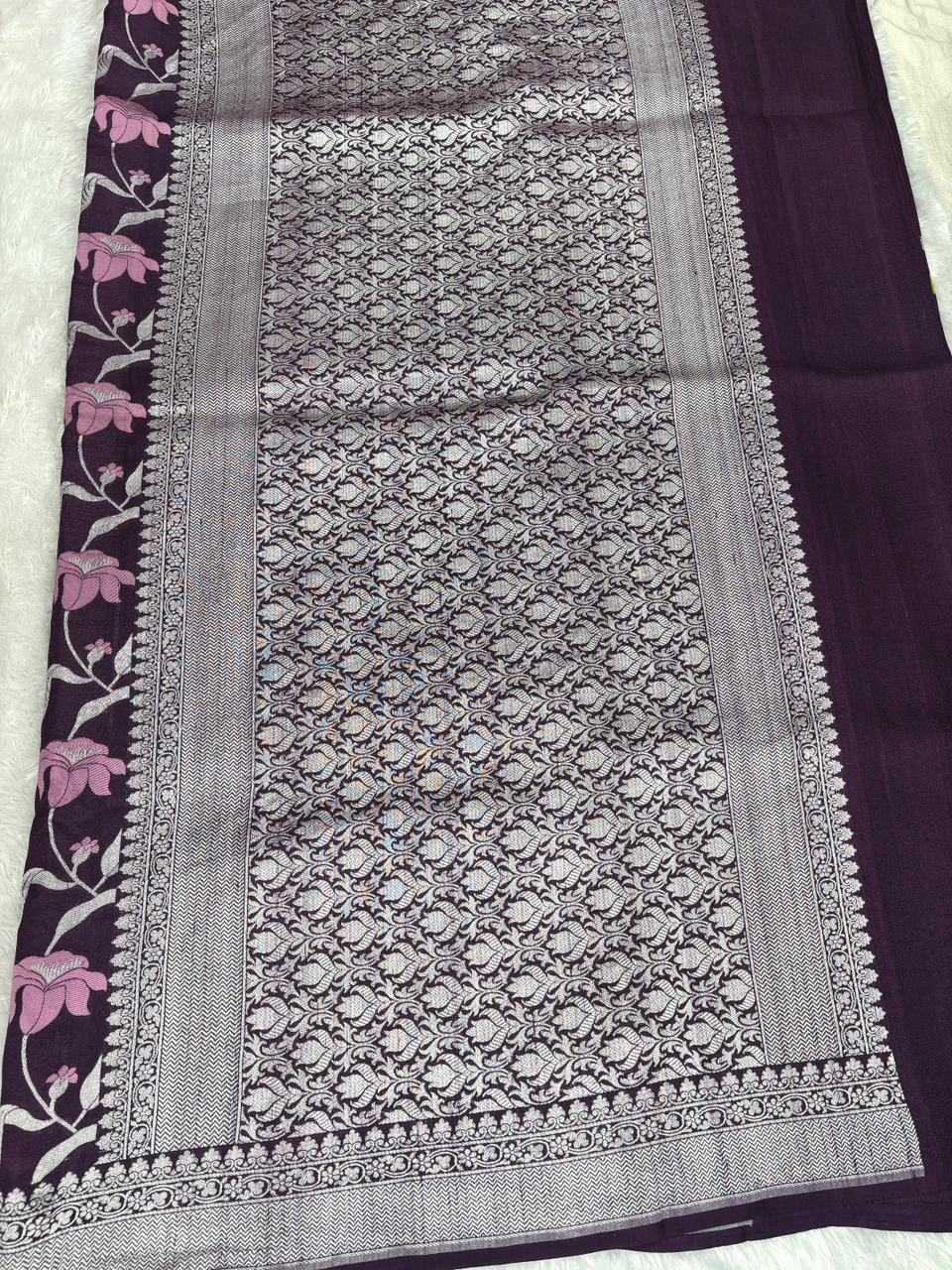 Deep Purple Tussar Georgette Banarasi Saree with Multi-Color Meenakari Jaal