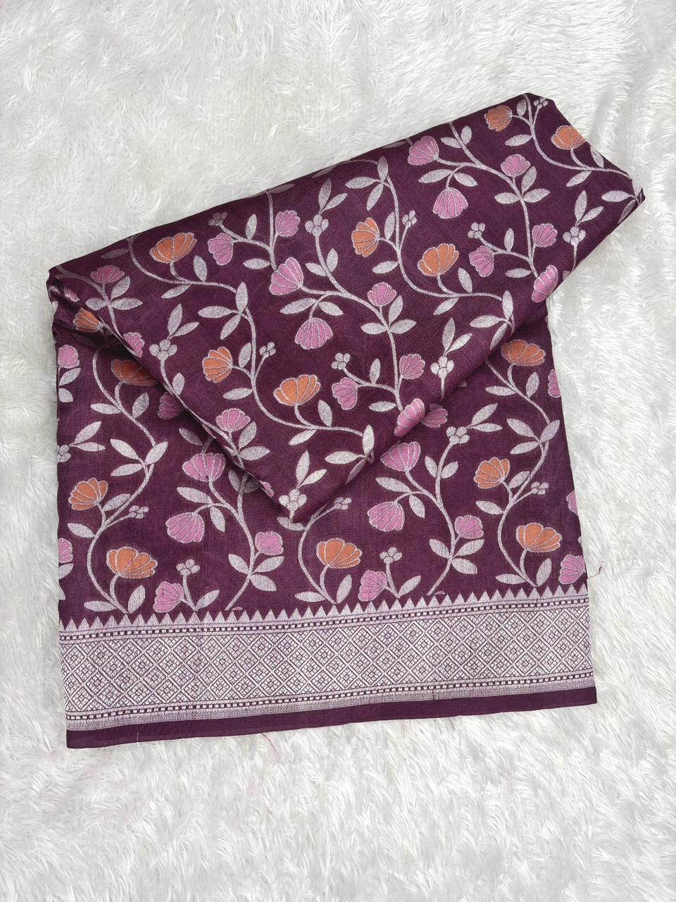Deep Wine Burgundy Tussar Georgette Banarasi Saree with Silver Zari & Pastel Meenakari
