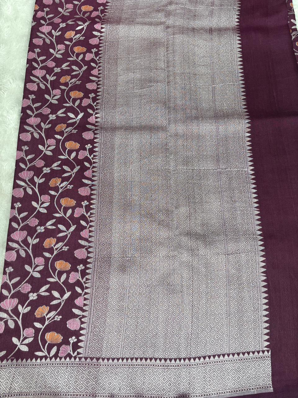 Deep Wine Burgundy Tussar Georgette Banarasi Saree with Silver Zari & Pastel Meenakari