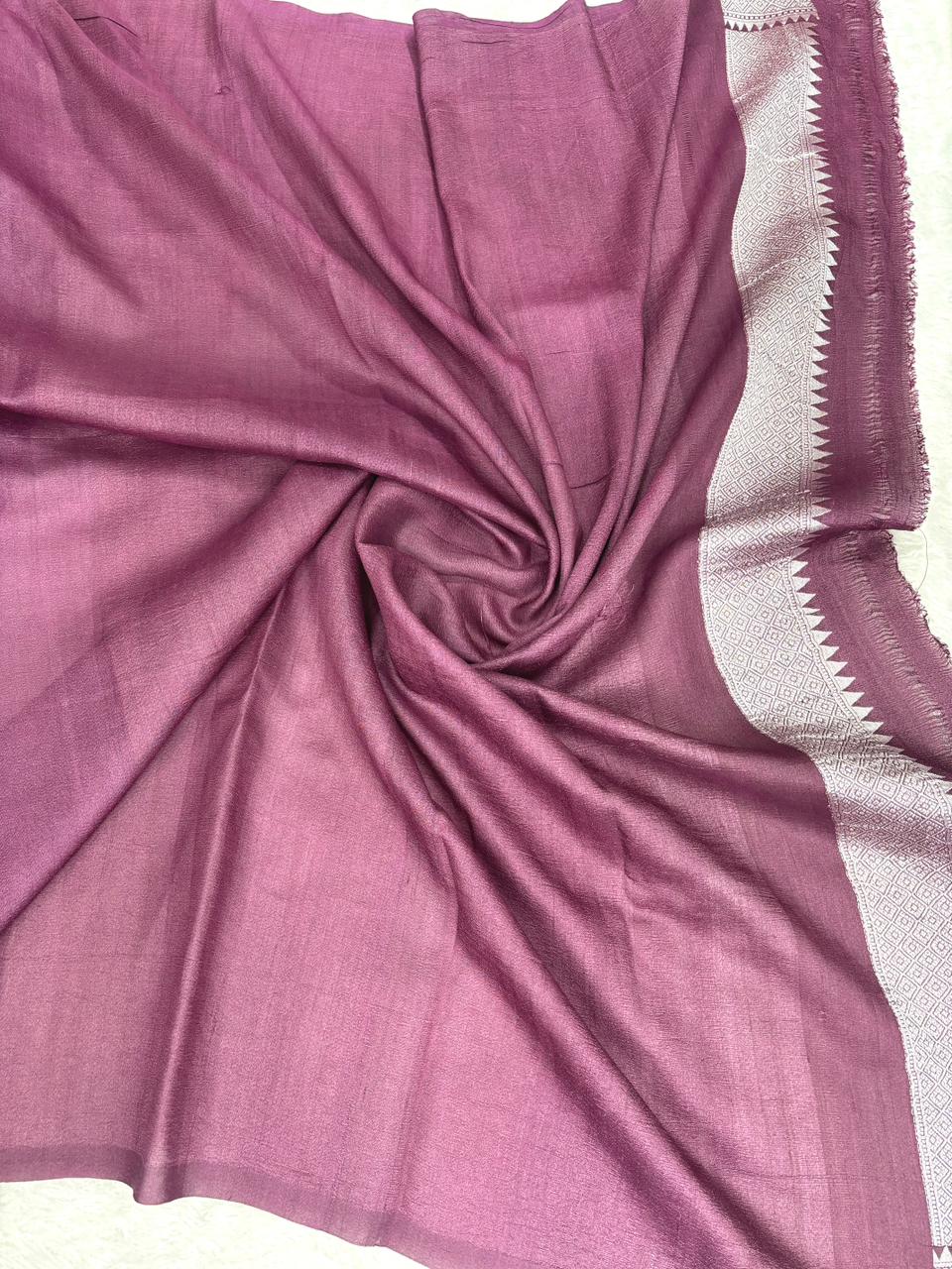 Deep Wine Burgundy Tussar Georgette Banarasi Saree with Silver Zari & Pastel Meenakari
