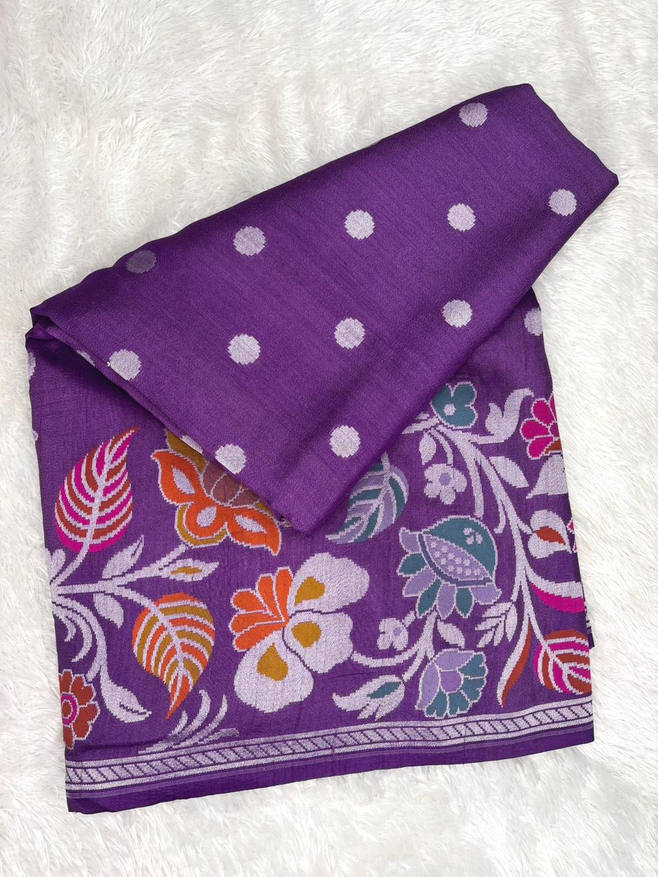 Royal Violet Tussar Georgette Saree with Silver Zari Dots & Meenakari Border
