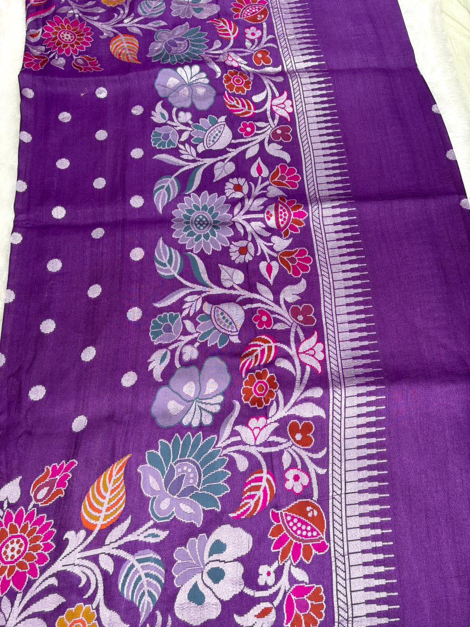 Royal Violet Tussar Georgette Saree with Silver Zari Dots & Meenakari Border